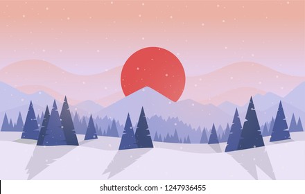 Winter forest. Sunset or sunrise. Forest with fir trees and pines. Big red sun. Japan. Simple modern design. Template for banner or poster. Place for text. Flat style vector illustration.