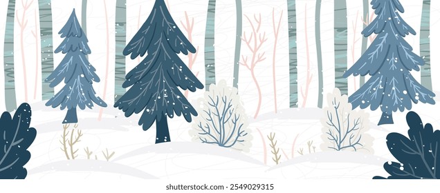 Bosque de invierno texturizado. Panorama Abstractas de bosque gladiado con abetos, arbustos y troncos de árboles. Fondo texturizado.