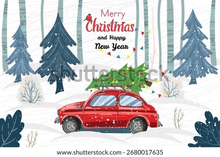Winter forest textured with a red retro car carrying a Christmas tree. Merry Christmas. Abstract panorama of forest glade with fir trees, bushes and tree trunks. Textured background.