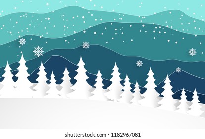 winter in the forest. there is a beautiful mountain view. paper art style