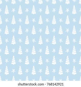Winter forest tree doodles seamless pattern. Scandinavian Christmas style. Congratulation card, wrapping paper background, festive banner, poster design. Vector illustration.