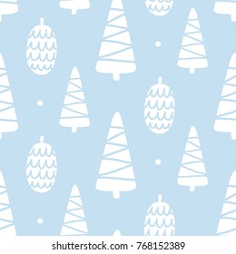 Winter forest tree doodles seamless pattern. Scandinavian Christmas style. Congratulation card, wrapping paper background, festive banner, poster design. Vector illustration.