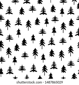 Winter forest tree pattern. Christmas decorative background. Different trees in hand drawn style. Vector illustration.