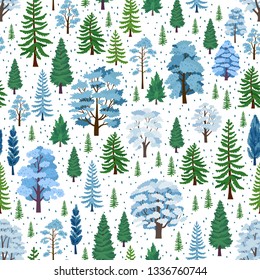 Winter forest tree pattern. Woodland cartoon seamless landscape. Vector illustration Christmas decorative background. Different trees in flat style