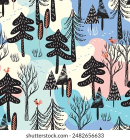 Winter forest with trees and birds seamless pattern. Christmas wallpaper.	