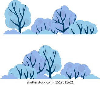 Winter forest. Trees with blue snow. Bushes and branches on a white background. Set of Element of nature, Park and forest. Cartoon flat illustration