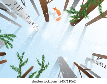 Winter forest with trees and fox seen from above. Blank space for your text. EPS10