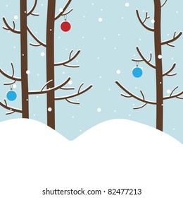 Winter forest with trees and New Year`s celebration balls. Vector illustration.
