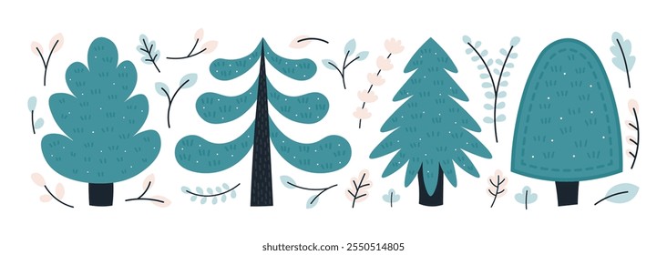 Winter forest trees with snow and winter botanicals, plants, leaves. Winter botany set. Hand drawn vector illustration in for textiles, scrapbooking, cards.
