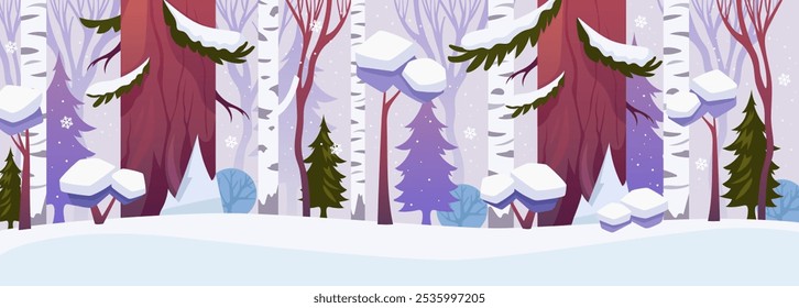 Winterwald. Bäume im Schnee. Schneebedeckte Landschaft. 2025 Neujahr. Vektorgrafik