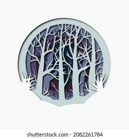 Winter Forest. Trendy origami deep paper cut style. paper art