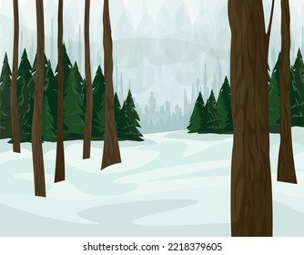 Winter forest. Trunks of trees, firs and Christmas trees in the snow. Nature in winter. Realistic vector landscape
