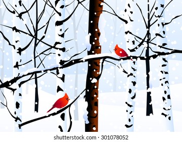 Winter Forest & Two Christmas Birds