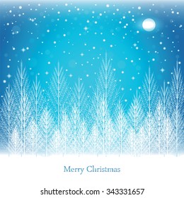 Winter forest under the moon on Christmas postcard background. Vector illustration.