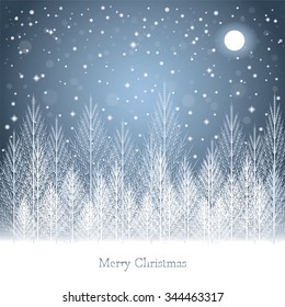 Winter forest under the moon on Christmas postcard background. Vector illustration.