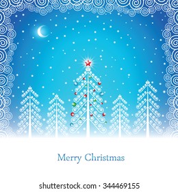 Winter forest under the moon on Christmas postcard background. Vector illustration.