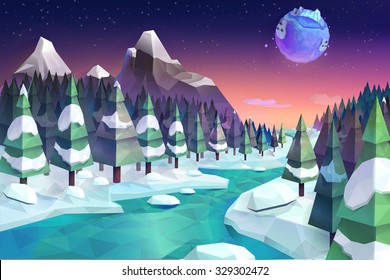 Winter forest, vector background low poly style