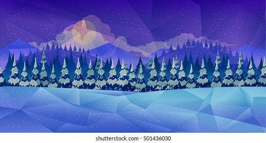 Winter forest, vector background low poly style