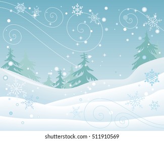 Winter forest vector concept. Flat design. Spruce trees in snowdrifts during snowfall or blizzard, beautiful snowflakes walling. Cold season nature motive. For seasonal ad design, weather illustrating