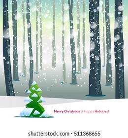 Winter forest vector illustration with Marry Christmas and happy holidays typography. Trees. Fir treen Snowfall.