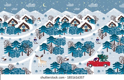 Winter forest Vector New Year Christmas illustration of cute houses, trees,landscape,firs, mountains, nature, car with fir tree and deer. Drawing for postcard, banner or background
 
