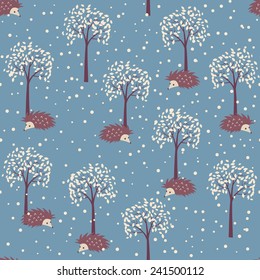 Winter forest - vector seamless pattern with hedgehogs