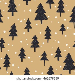 winter forest. vector seamless pattern with firs and snow