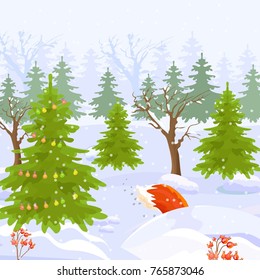 Winter forest view background Vector cartoon style