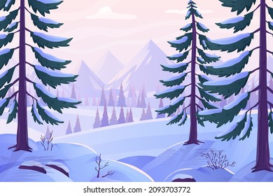 Winter forest view concept in flat cartoon design. Snowy fir trees and other evergreen trees on slopes and mountains on horizon. Day in woods or park. Natural scenery. Vector illustration background