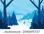 Winter forest view, outdoor recreation place. Winter Landscape with snow. Snowy background. Snowdrifts. Snowfall.