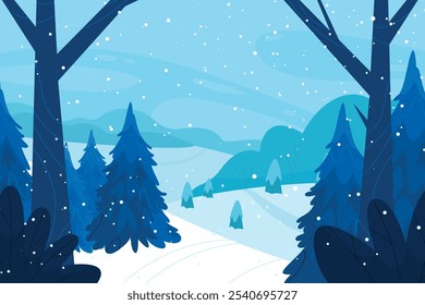 Winter forest view, outdoor recreation place. Winter Landscape with snow. Snowy background. Snowdrifts. Snowfall.