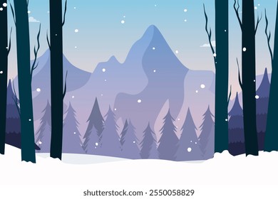 Winter forest view, outdoor recreation place. Winter Landscape with snow. Snowy background. Snowdrifts. Snowfall.