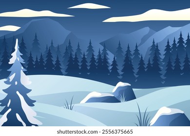 Winter forest view, outdoor recreation place. Winter Landscape with snow. Snowy background. Snowdrifts. Snowfall.