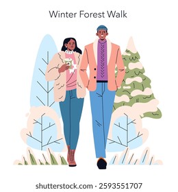 Winter Forest Walk shows a couple enjoying a stroll in a serene winter landscape. Warmly dressed, they embody the spirit of holiday adventures while surrounded by snow-covered trees. Cozy vibes abound