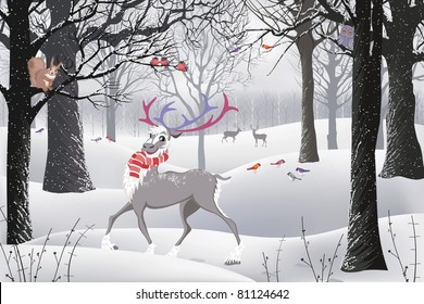 Winter forest in which there are a reindeer, a squirrel sitting on a tree and birds