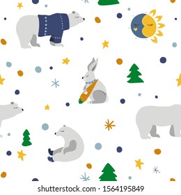 Winter forest. White polar bear, hare. Fir tree, moon and sun. Vector illustration. Seamless pattern background.