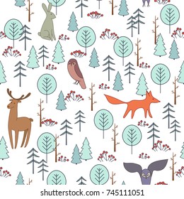 Winter forest with wild animals. Seamless pattern