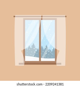 Vista de ventana del bosque de invierno aislada en segundo plano. Ventana con paisaje natural. Ilustración vectorial de estilo de caricatura plana 