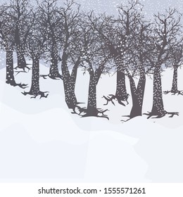 Winter forest wood landscape with falling snow vector background