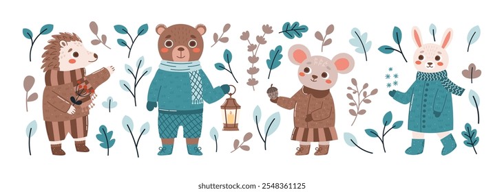 Winter forest woodland set: leaves, branches, animal chatacters. WInter plants, bear, mouse, rabbit, hare, hedgehog collection. Vector flat illustration for cards, scrapbooking, animation. 
