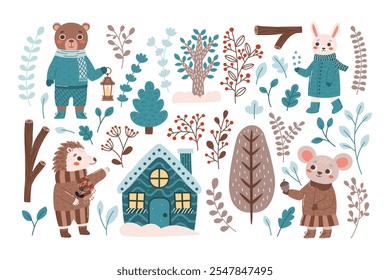 Winter forest woodland set: trees, leaves, branches, house, animal chatacters. WInter plants and bear, rabbit, hedgehog, mouse collection. Vector flat illustration for cards, scrapbooking, animation. 