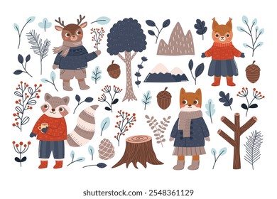 Winter forest woodland set: trees, leaves, branches, mountains, animal chatacters. Plants and deer, fox, raccoon, squirrel collection. Vector flat illustration for cards, scrapbooking, animation. 
