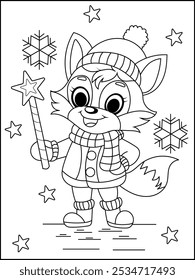 Winter Fox Character Line Art  coloring page with Snowflakes. Fun Animal Design.