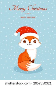 Winter fox in a hat in the snow for card, poster, banner. Vector illustration of Merry Christmas and New Year