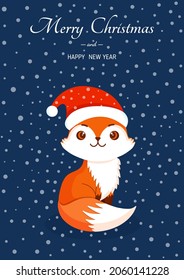 Winter fox in a hat in the snow for card, poster, banner. Vector illustration of Merry Christmas and New Year