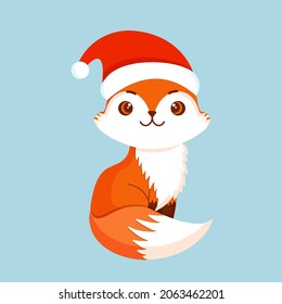 Winter fox in a hat in the snow for card, poster, banner. Vector illustration of Merry Christmas and New Year.