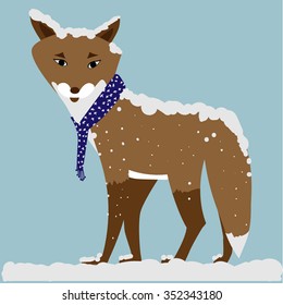 Winter fox wearing scarf, covered in snow and looking cold. Artistic animal vector sketch.
