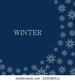 Winter frame background. Snowflakes pattern frame with space for text. Snow background on blue. vector illustration