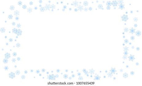 Winter frame with blue snowflakes for Christmas and New Year celebration. Horizontal winter frame on white background  for banners, gift coupons, vouchers, ads, party events. Falling frosty snow.