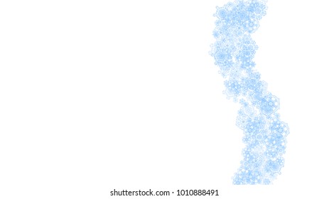 Winter frame with blue snowflakes for Christmas and New Year celebration. Horizontal winter frame on white background  for banners, gift coupons, vouchers, ads, party events. Falling frosty snow.